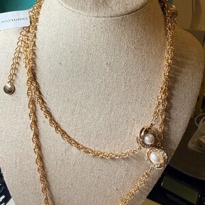 Charter Club Gold Tone Rope Chain Necklace Imitation Pearl Rhinestone 36 in
